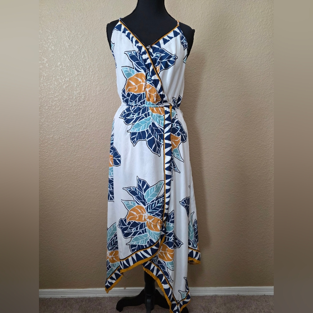 Nine West Scarf Printed Wrap Dress. 
White Floral Maxi, Navy Mustard Accent Lrg